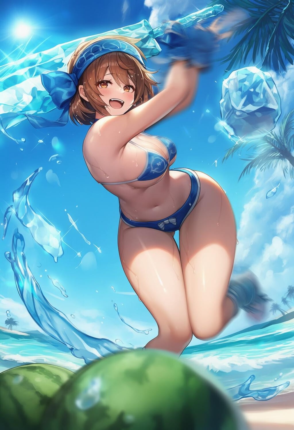 氷剣でスイカ割りする水着コスプレ氷属性大自然人妻