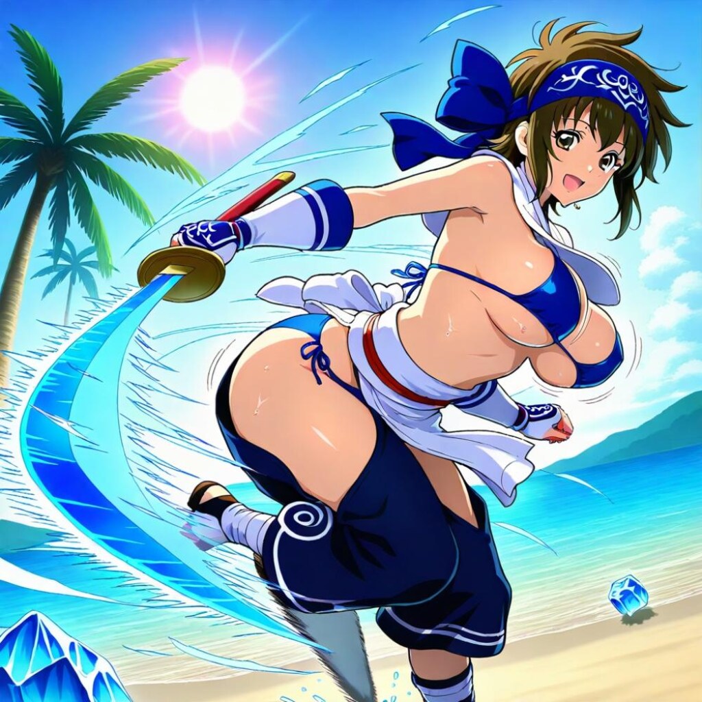 氷剣でスイカ割りする水着コスプレ氷属性大自然人妻