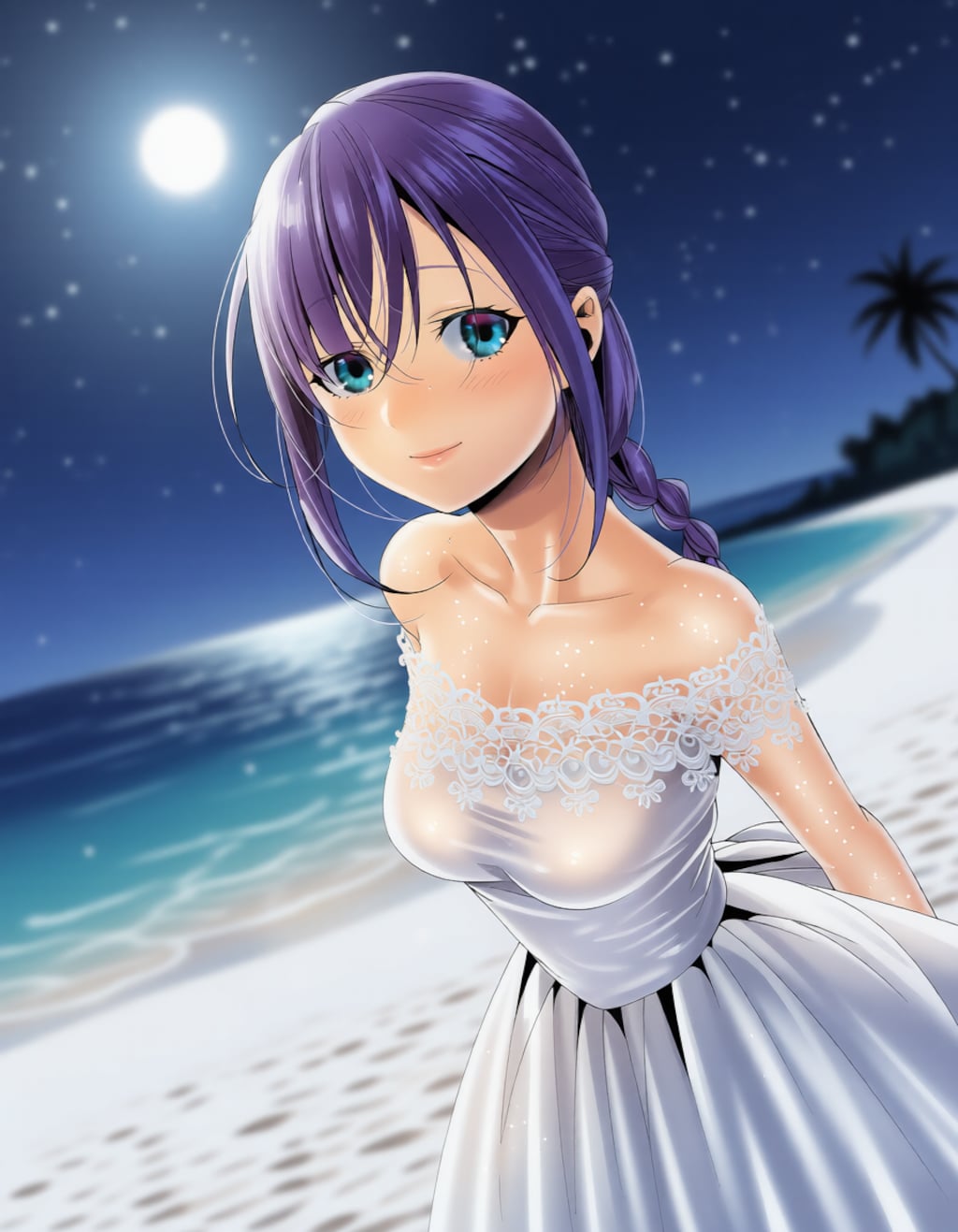 夜の砂浜とドレス