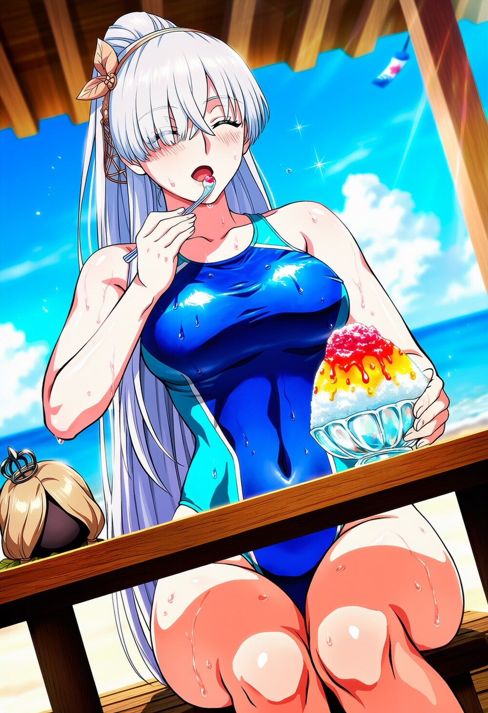 かき氷食べるビキニ水着コスプレ皇女人妻