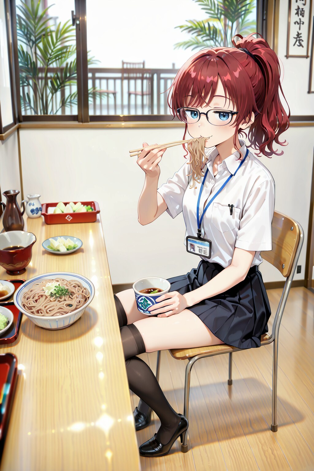 お昼にそばを食べるジト目先生 Y701