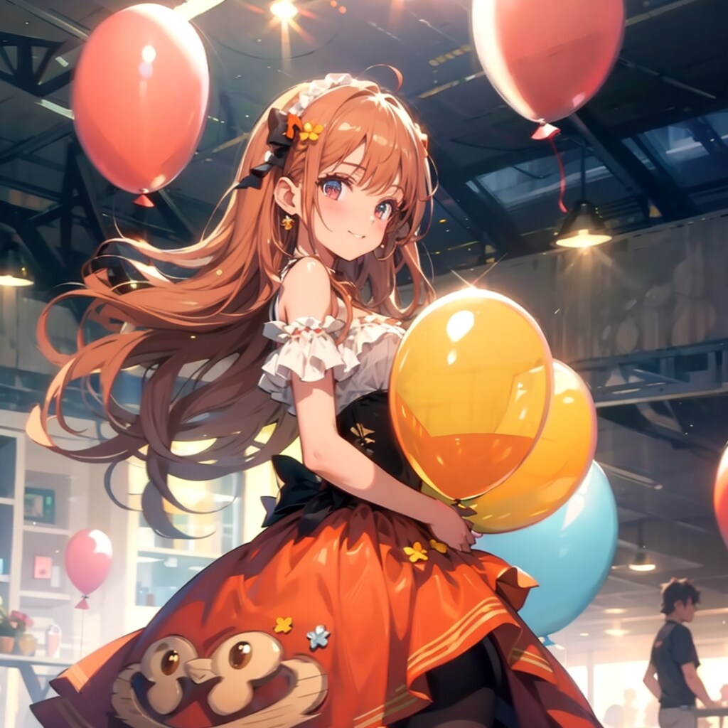 いっぱい色とりどりの風船を持つオレンジ髪ロングのお姫様
