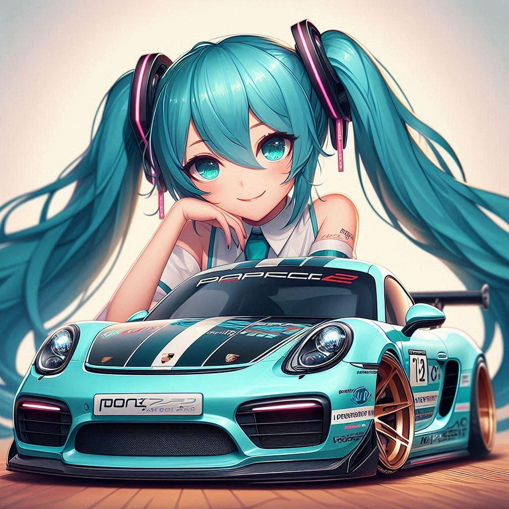 初音ミクカラーのポルシェケイマンのドリ車 | の人気AIイラスト・グラビア