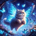 アニメ油絵風、蝶の羽で飛ぶ猫 4枚目