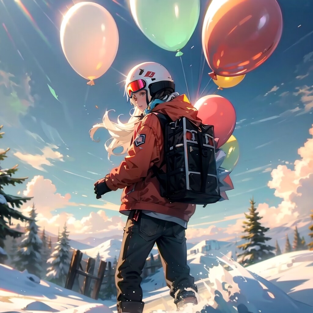 いっぱい色とりどりの風船を持つ白い髪ロングのスノーボード選手の美女 | の人気AIイラスト・グラビア