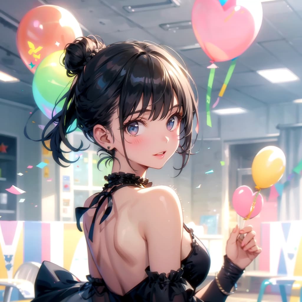 いっぱい風船を持つ黒髪お団子ヘアのフィギュアスケート選手の美女