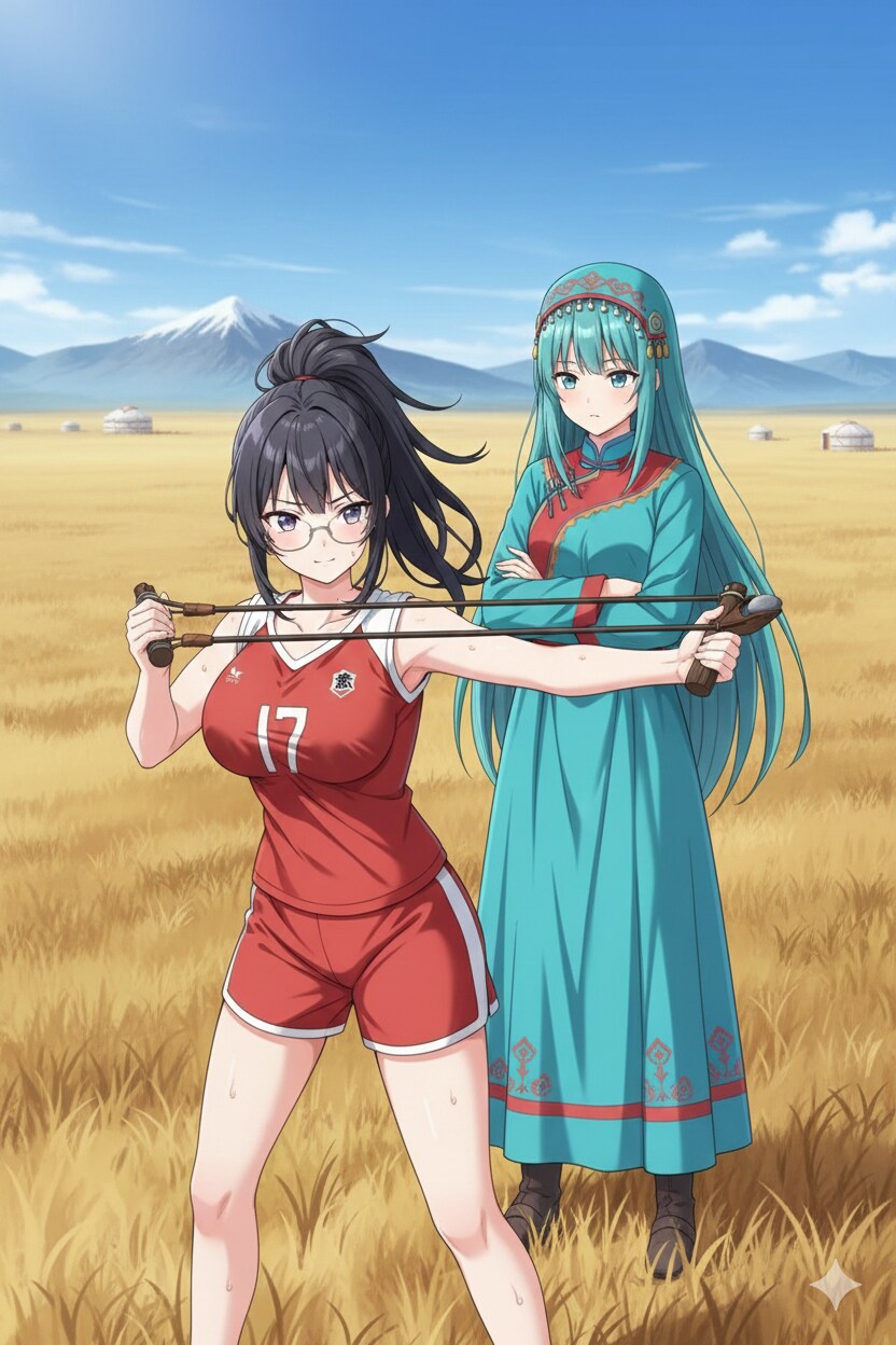 スリングショットに挑戦する日々谷さん(監修付き)