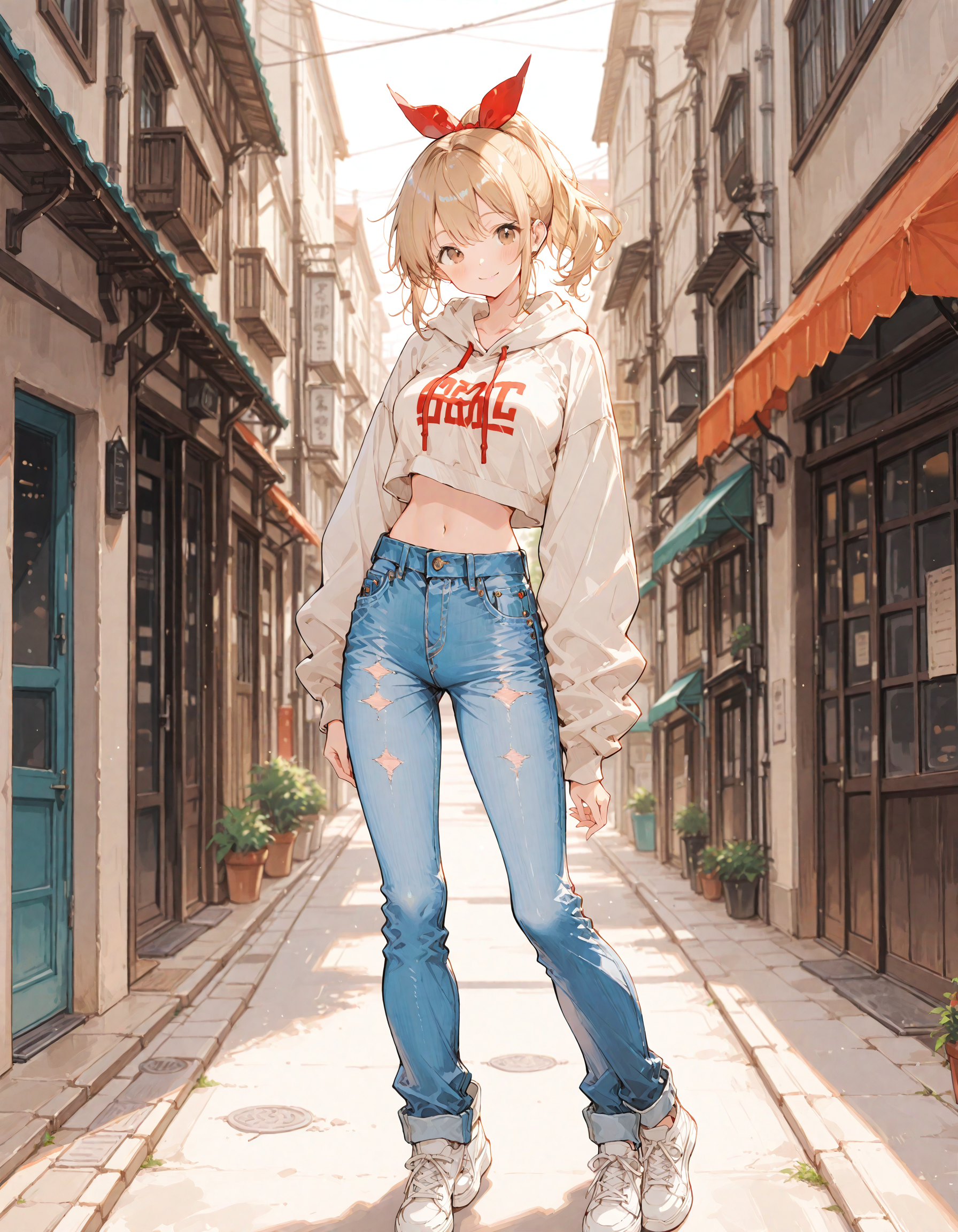 ワイドデニムパンツな金ポニテちゃん