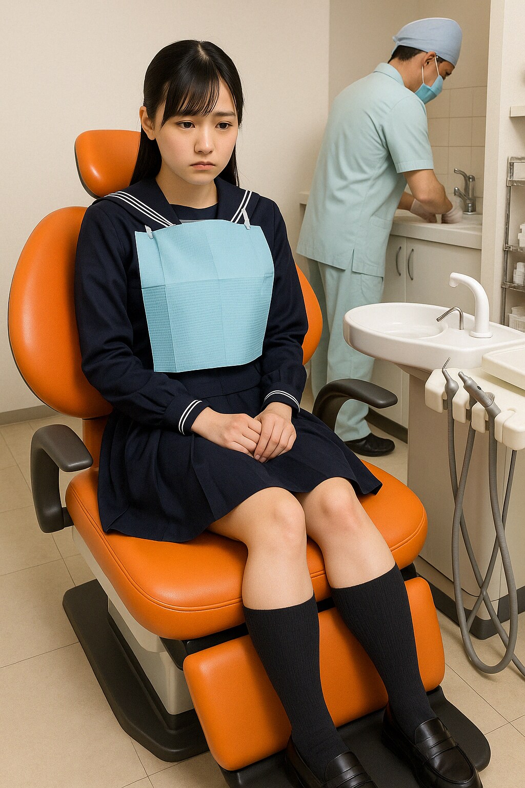 デンタルユニットに座り緊張して歯科医を待つセーラ服姿の女子高生