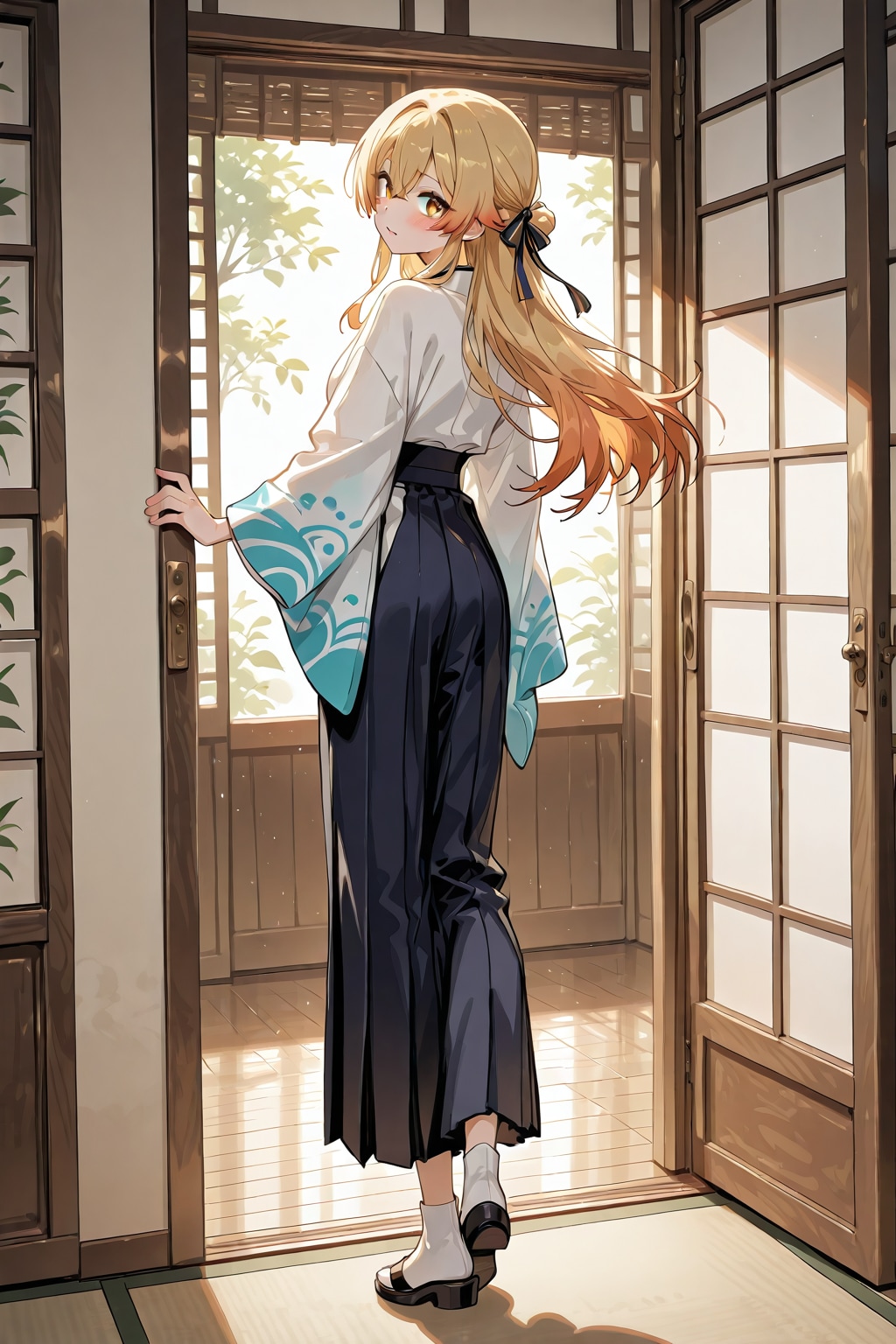 「画面左に進む千姫が右を振り返る」全身写真