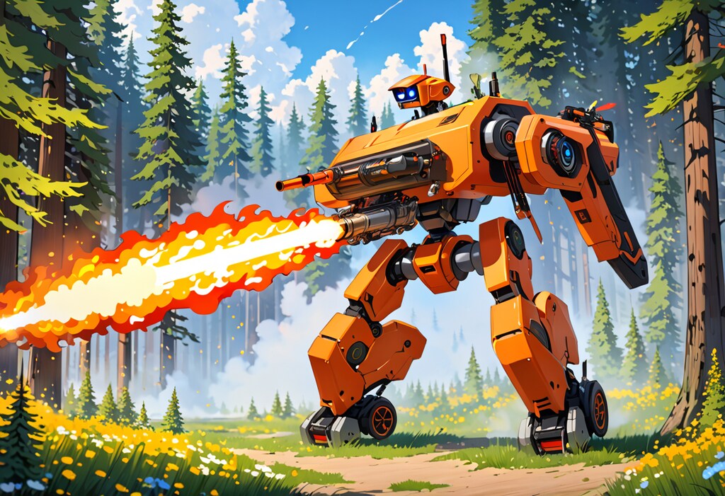 メカ #16　杉林を燃やす火炎放射器ロボ