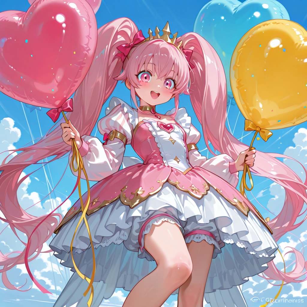 色とりどりのハート風船を持つピンク髪ツインテールのお姫様