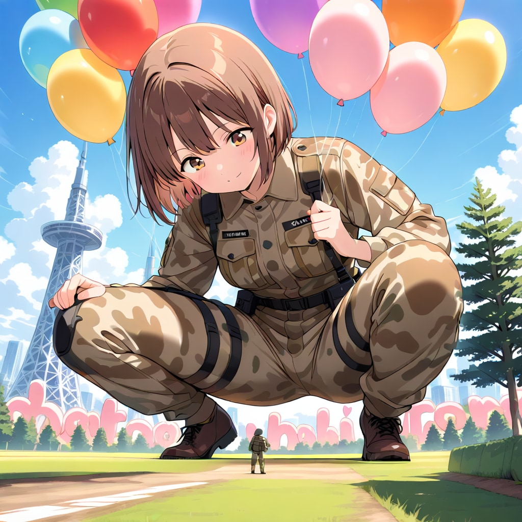 いっぱい風船を持つブラウンショートカットの迷彩服着た美女。 | の人気AIイラスト・グラビア
