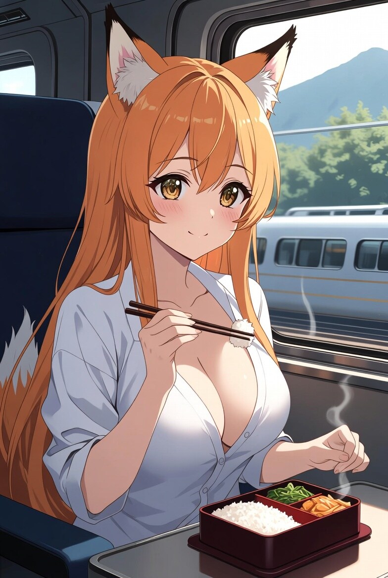 列車内で駅弁を食べるキツネちゃん