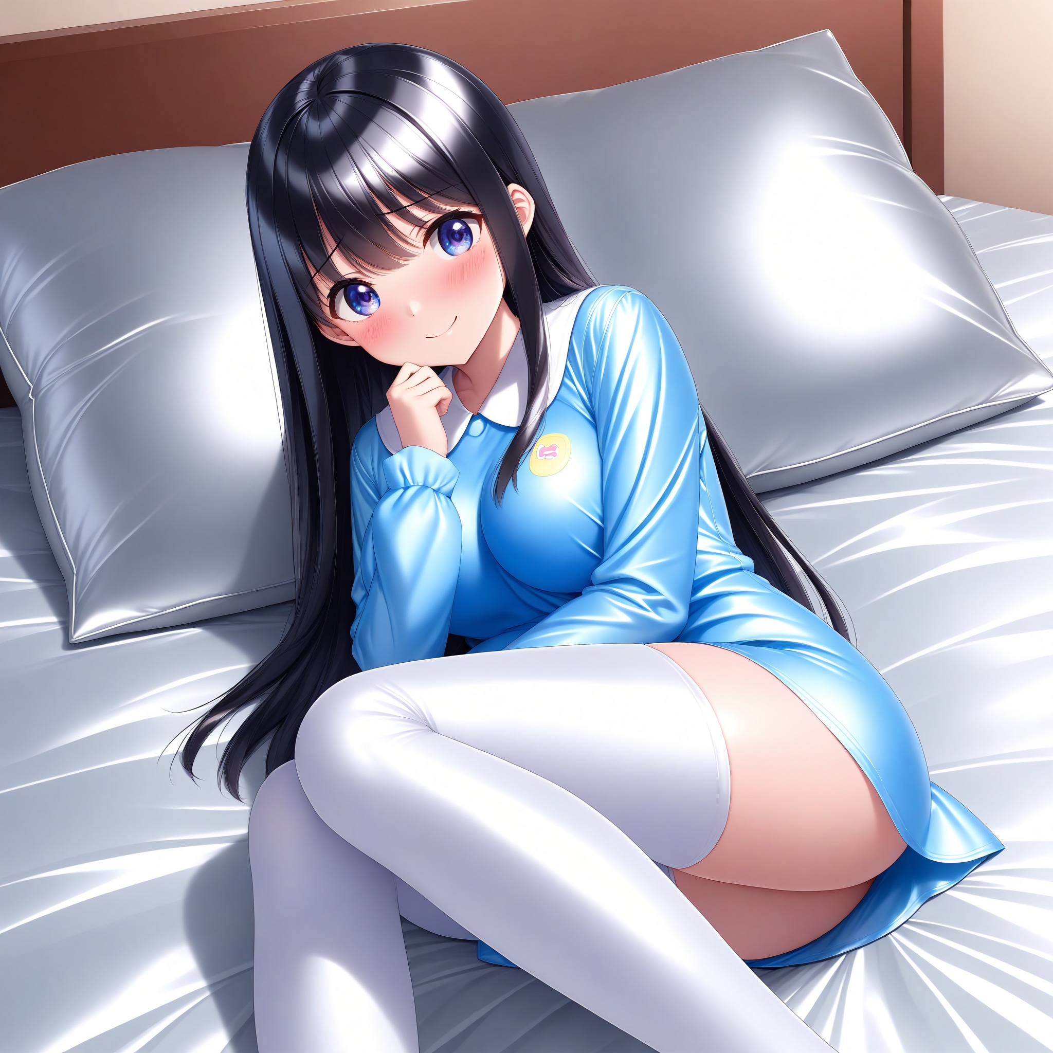 空色サテンスモック白サイハイソックス