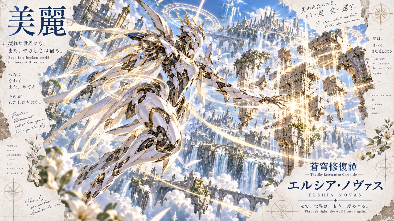 A golden guardian weaving light between shattered floating ruins, restoring the sky one thread at a | の人気AIイラスト・グラビア