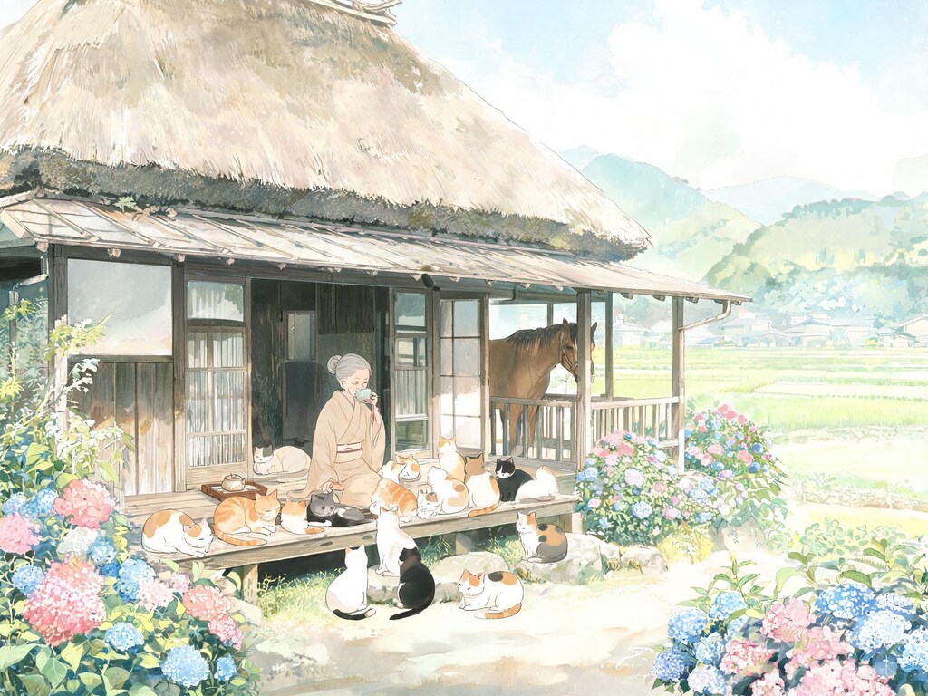 お婆さんと猫と馬