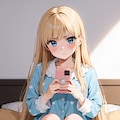 夜のベッドでスマホ見つめるパジャマ莉奈 2枚目