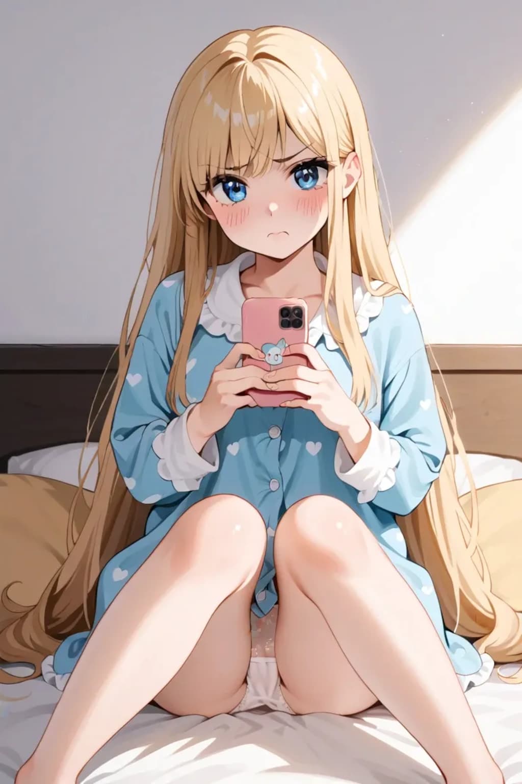夜のベッドでスマホ見つめるパジャマ莉奈
