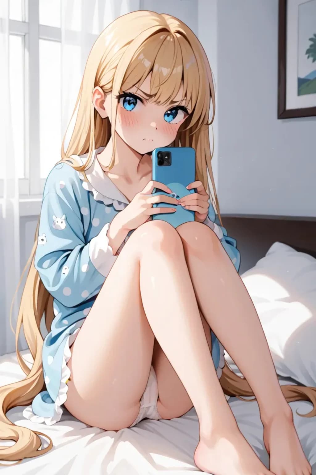 夜のベッドでスマホ見つめるパジャマ莉奈