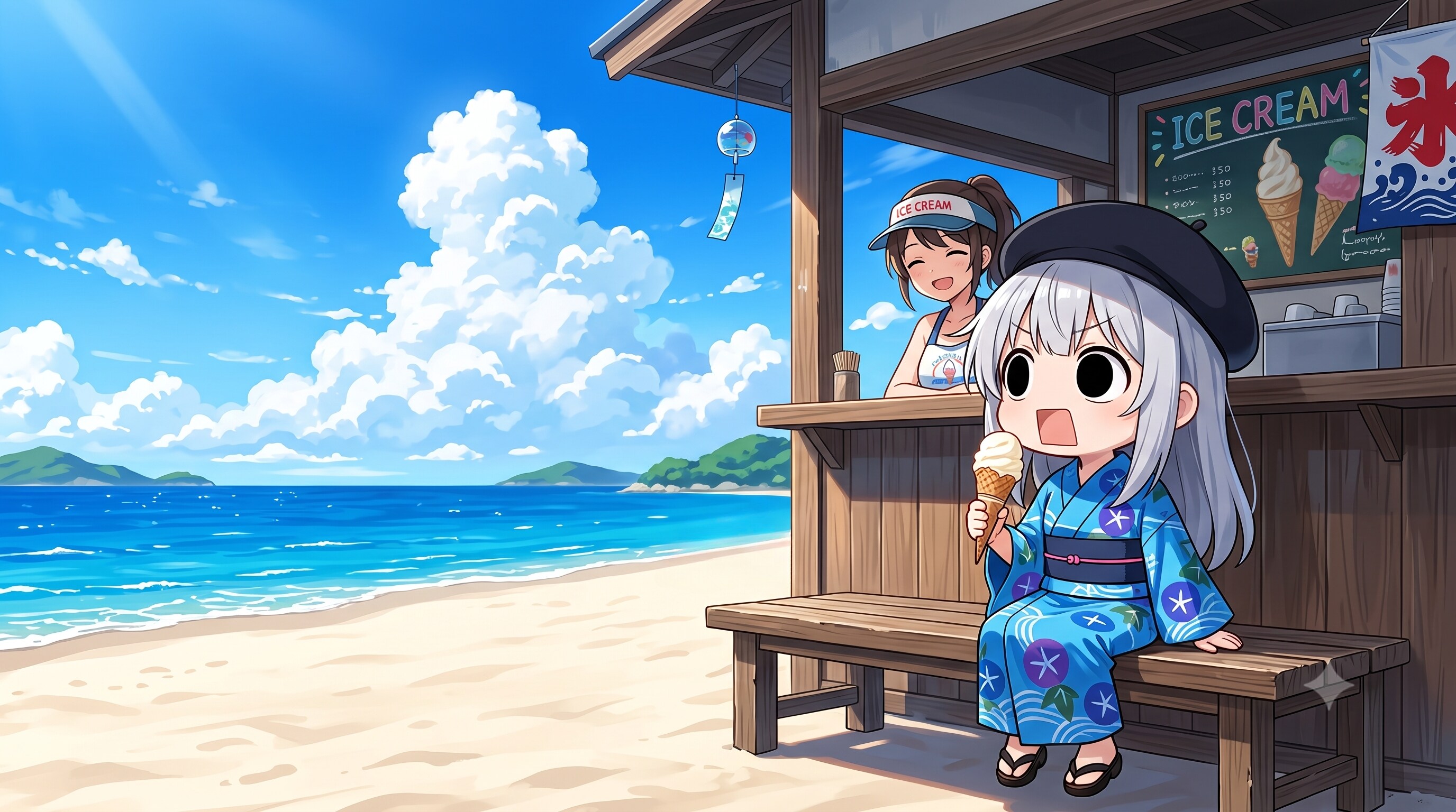 海辺でアイスクリームを頂くえらいこっちゃ嬢