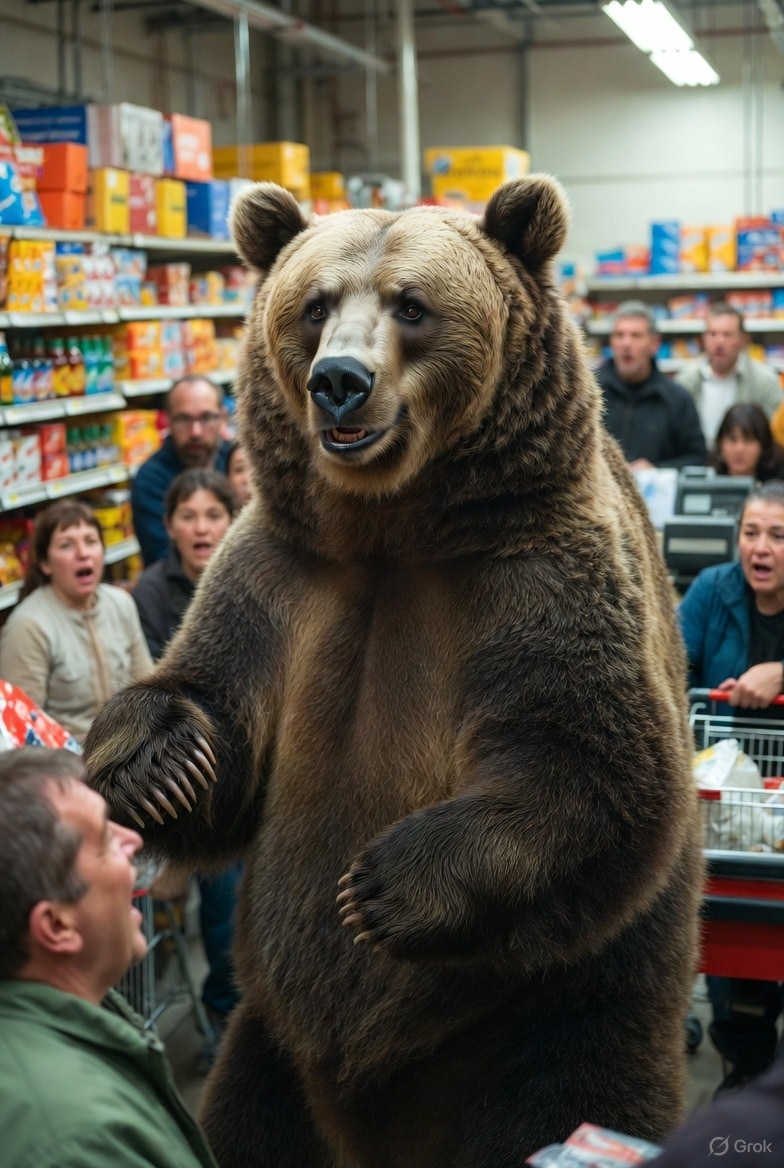 熊「わぁい♪スーパーってところは餌がいっぱいなんだね♪」 | の人気AIイラスト・グラビア