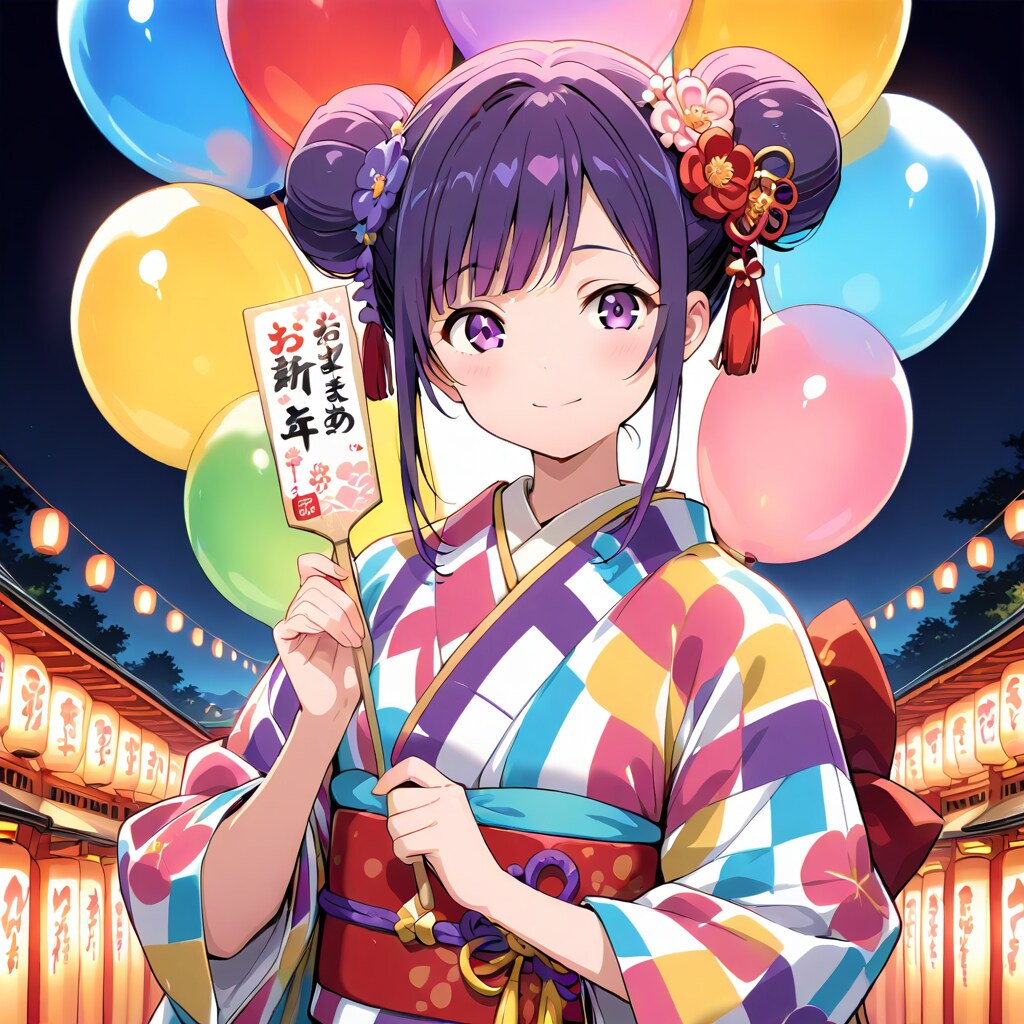 いっぱい風船を持つ紫髪お団子ヘアの着物着た美女。