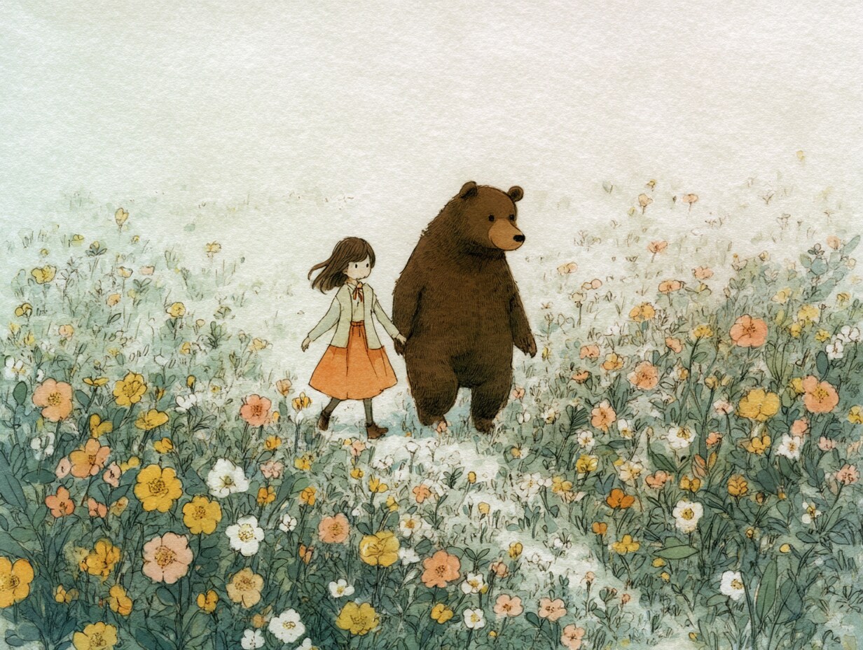 熊と少女の童画風イラスト
