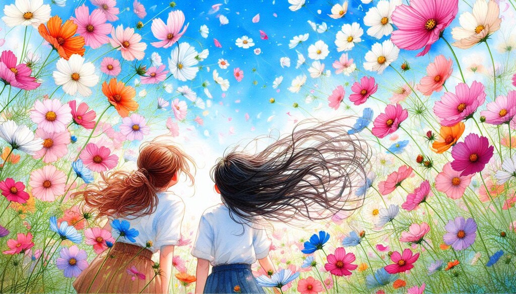 風の強いコスモス畑