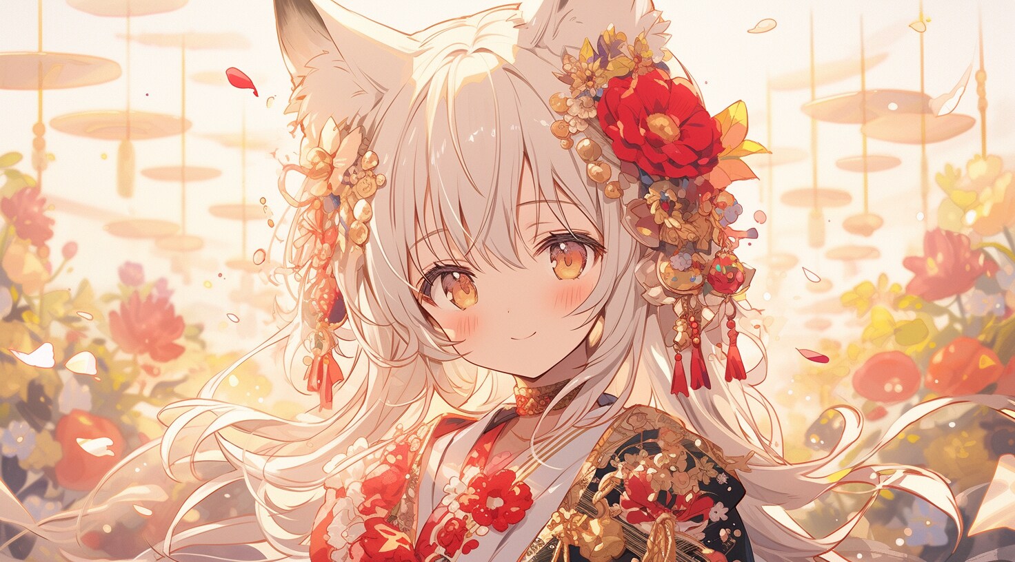 花の庭で微笑む白狐の少女 | の人気AIイラスト・グラビア