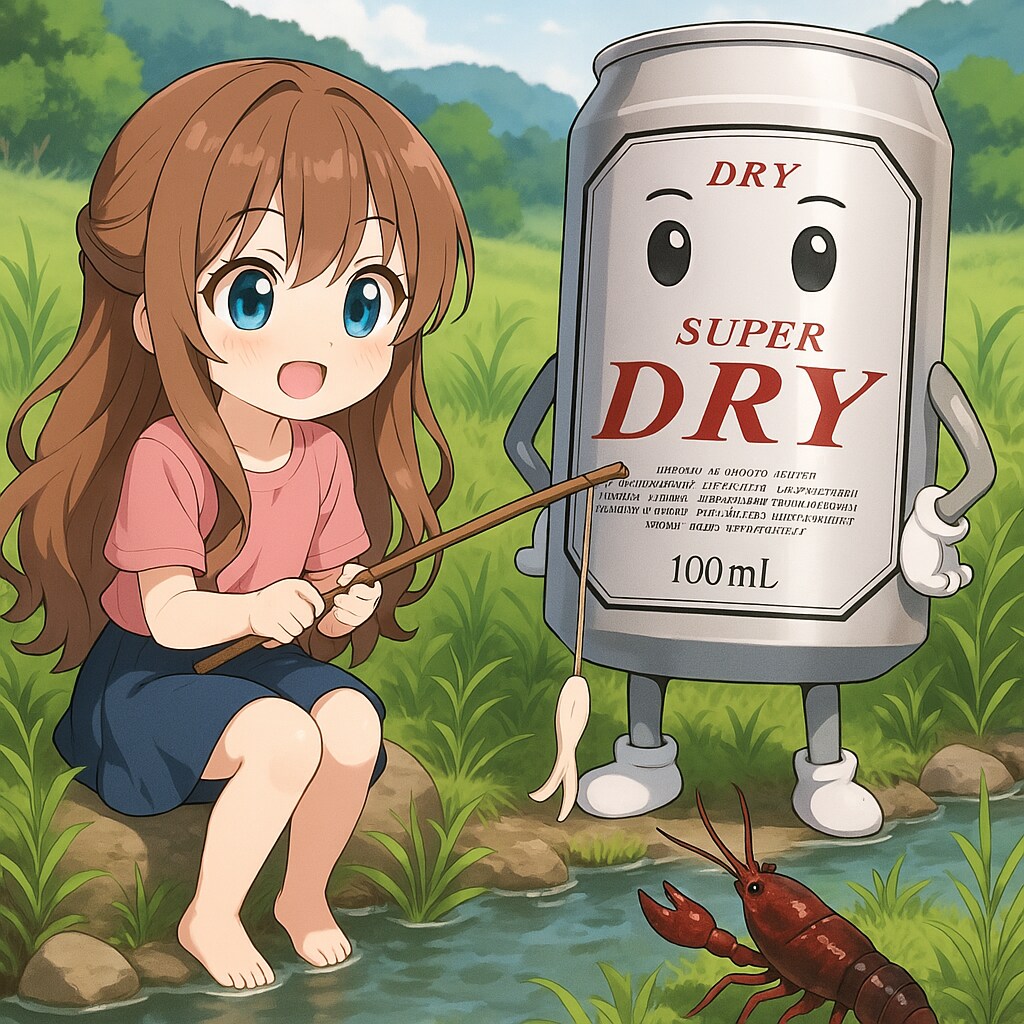ザリガニ釣りをするビール缶と小さな女の子