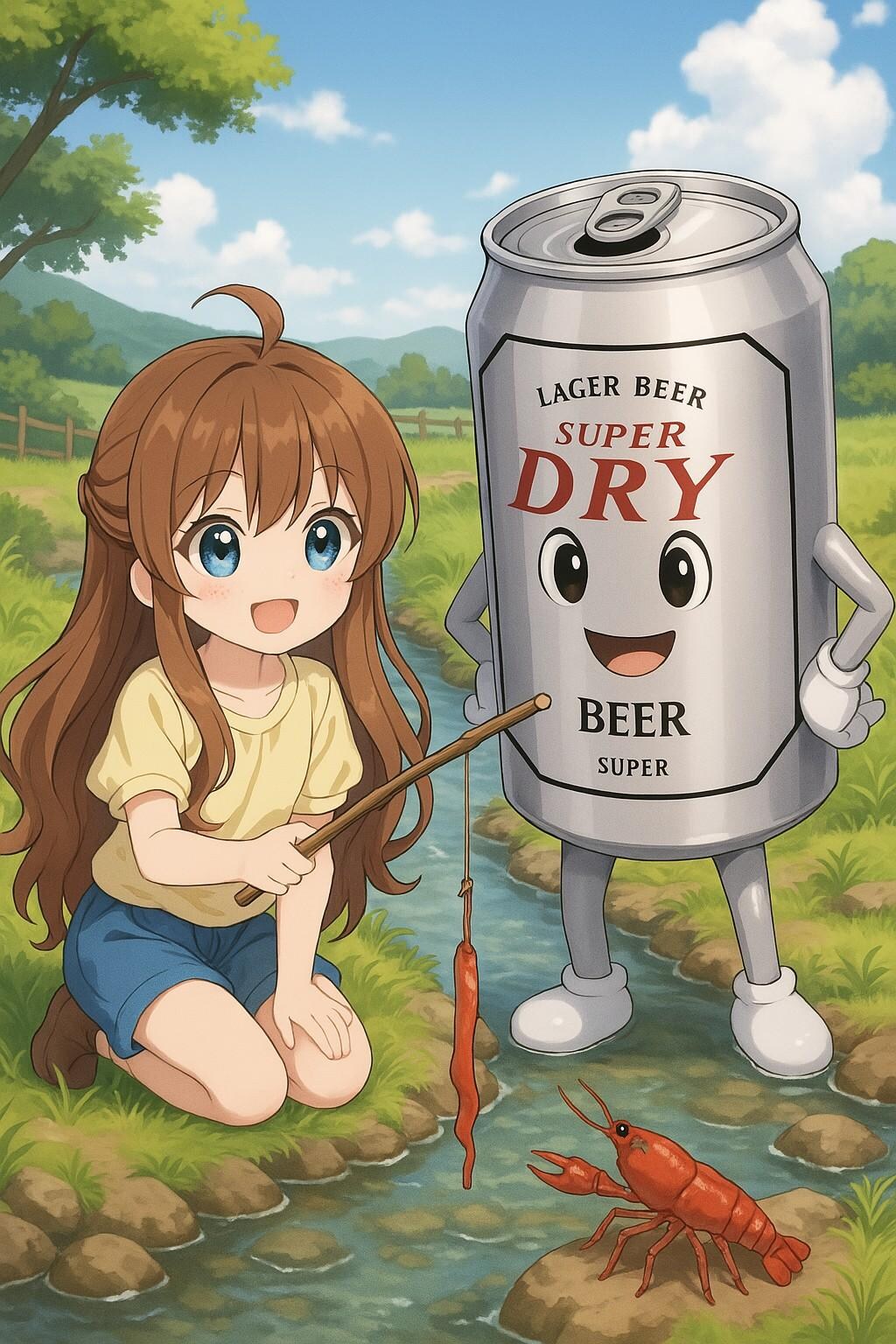 ザリガニ釣りをするビール缶と小さな女の子