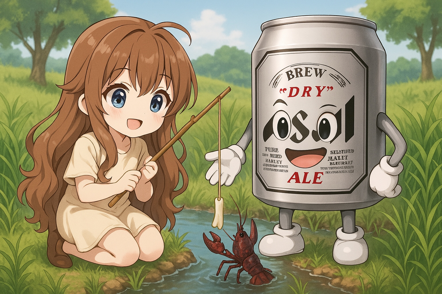 ザリガニ釣りをするビール缶と小さな女の子 | の人気AIイラスト・グラビア