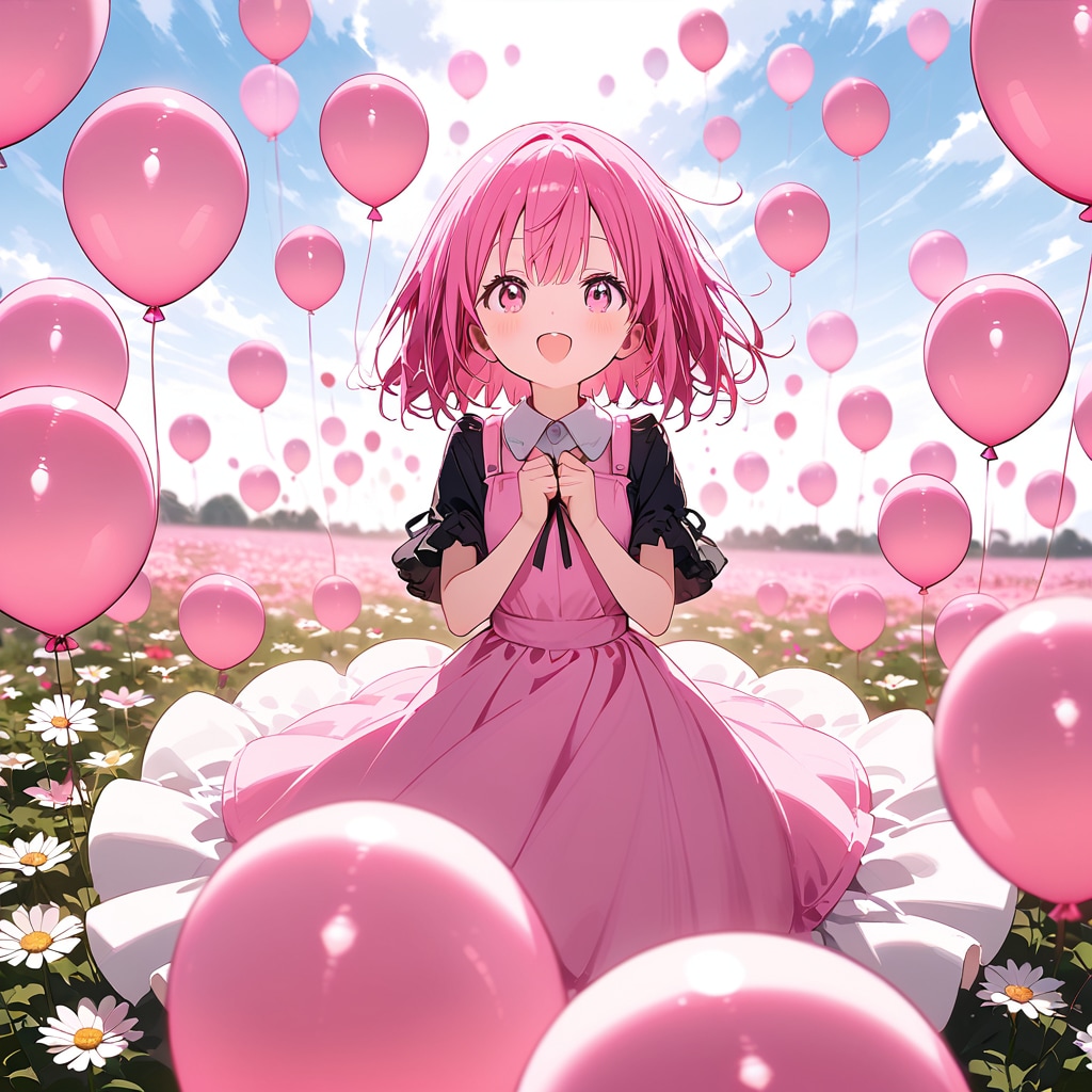 コスモス畑でいっぱいピンクの風船を膨らませて遊ぶピンク髪ショートカットの美少女。