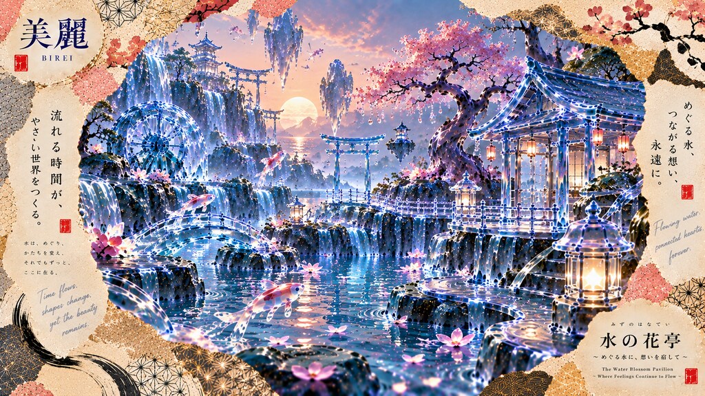 A glowing water pavilion woven from light, koi drifting beneath cherry blossoms at dusk.  Flowing wa