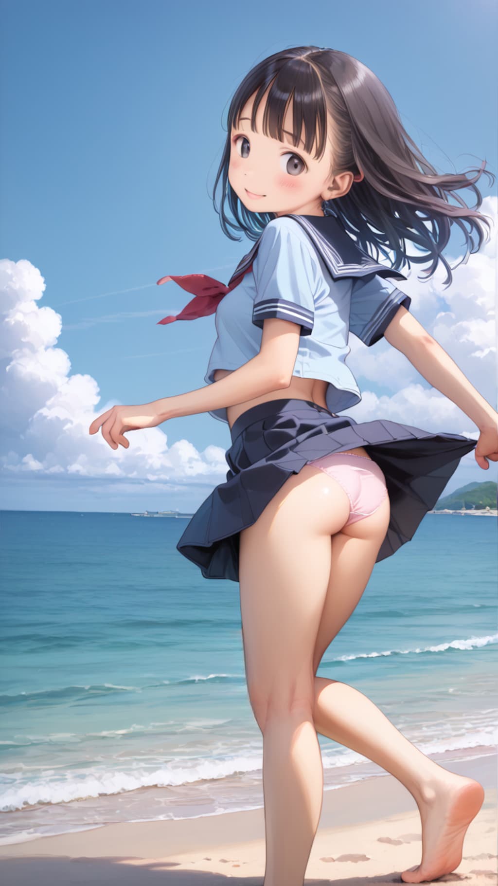 【サンプル】セーラー服〇リJ〇ちゃんたちが海辺で風パンチラ（6枚）