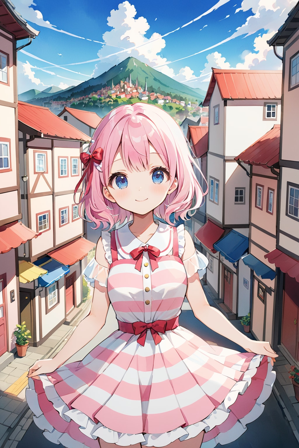 ピンク×白のワンピース。