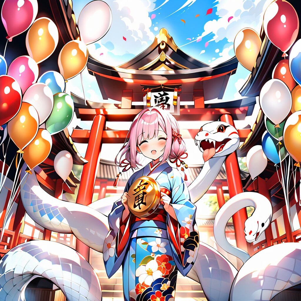 神社で干支のヘビと沢山風船 | の人気AIイラスト・グラビア