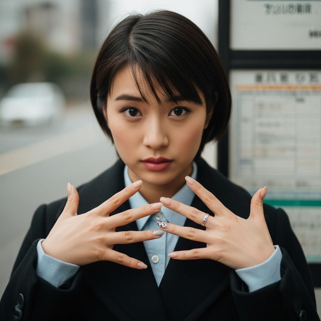 ネイルを見せる、バス停