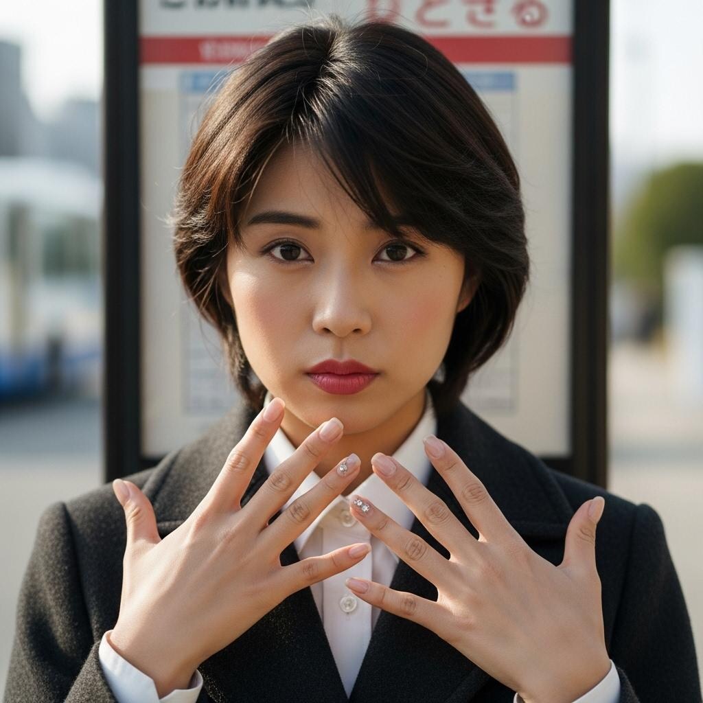 ネイルを見せる、バス停