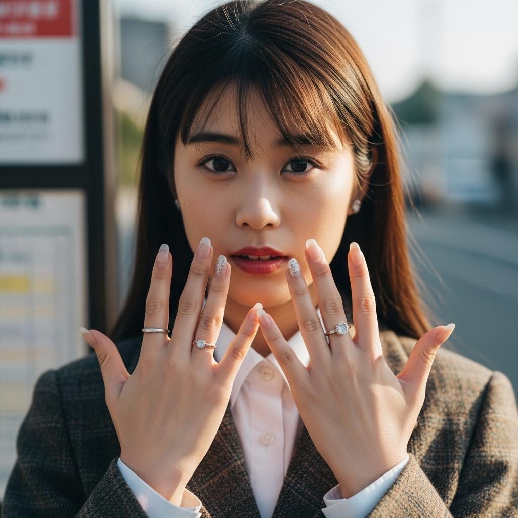 ネイルを見せる、バス停