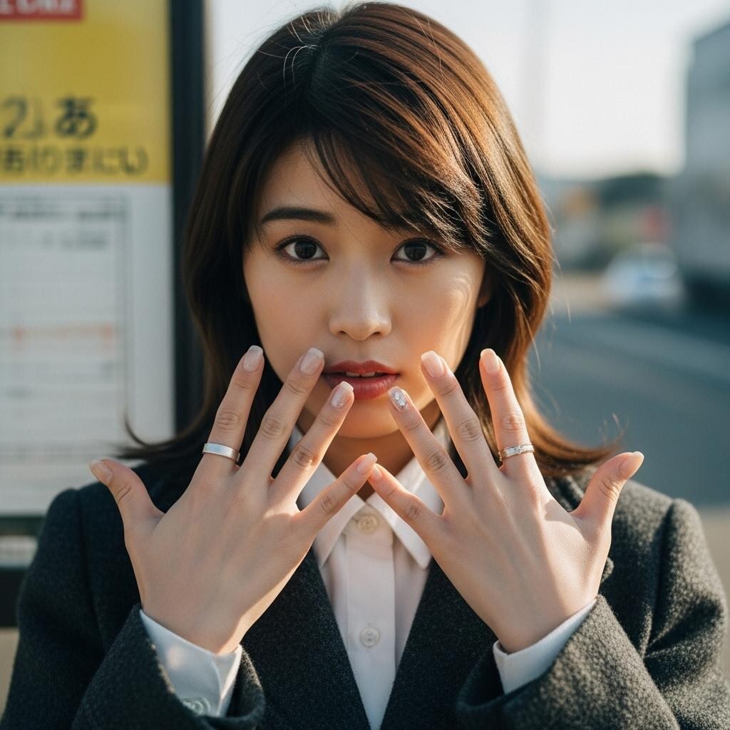 ネイルを見せる、バス停