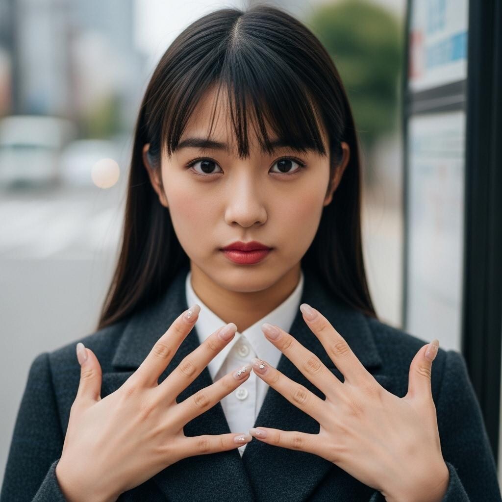 ネイルを見せる、バス停