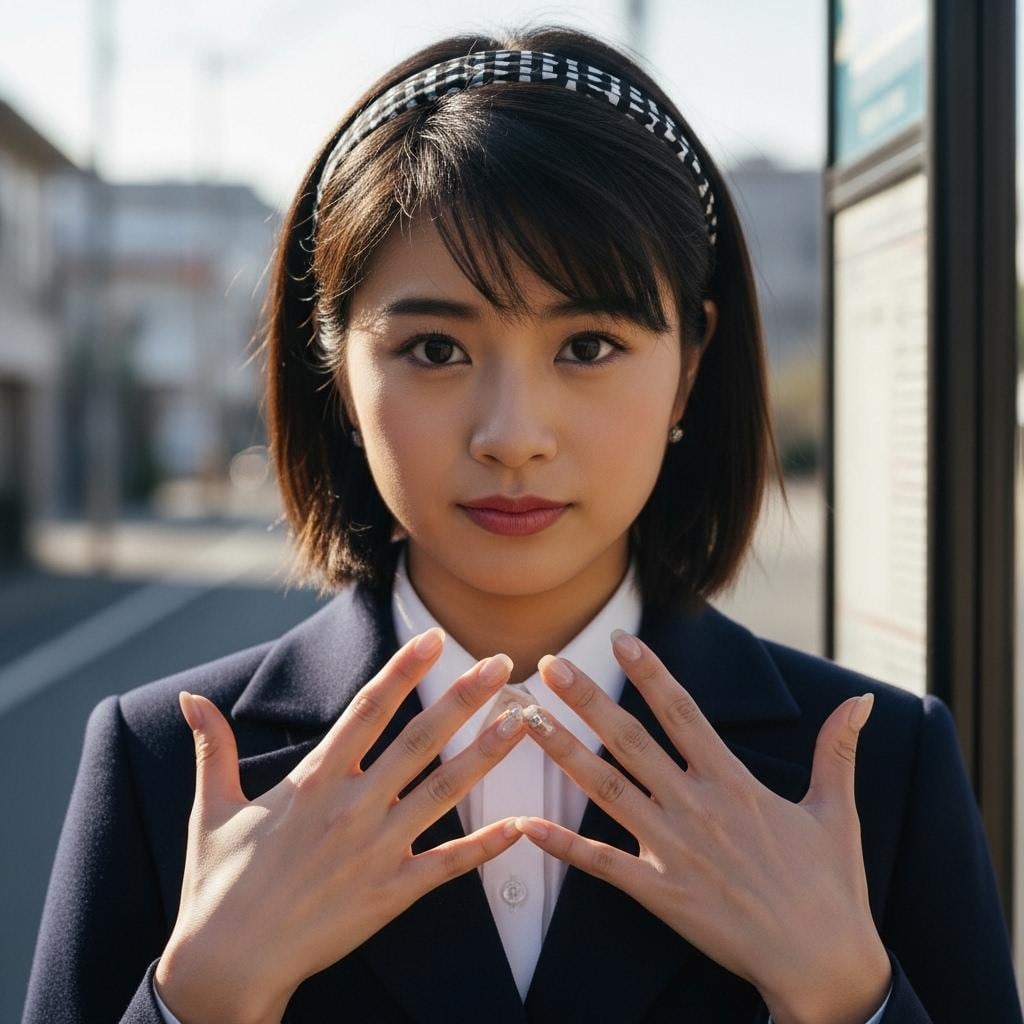 ネイルを見せる、バス停