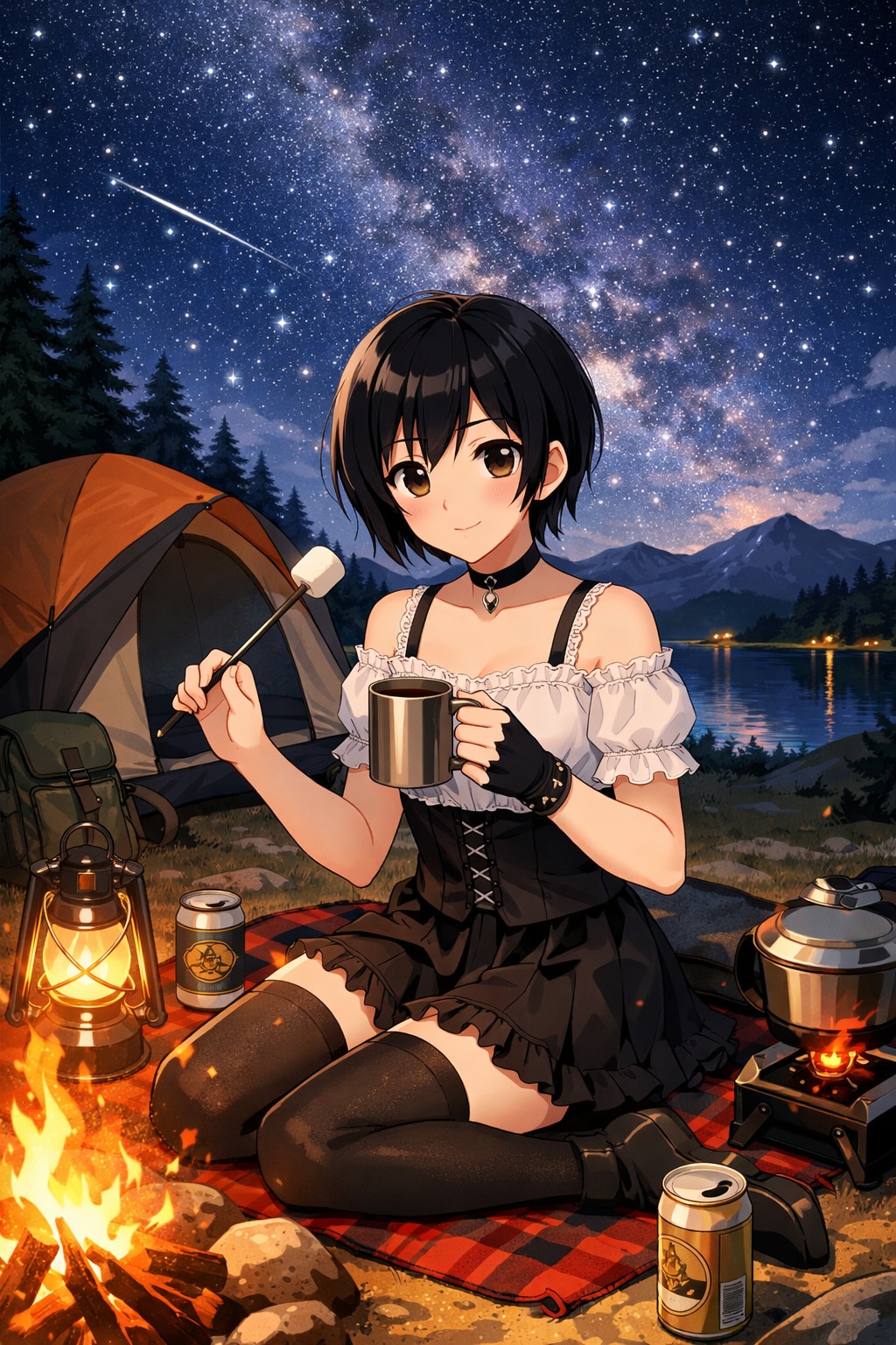 星空の下でキャンプをする男の娘