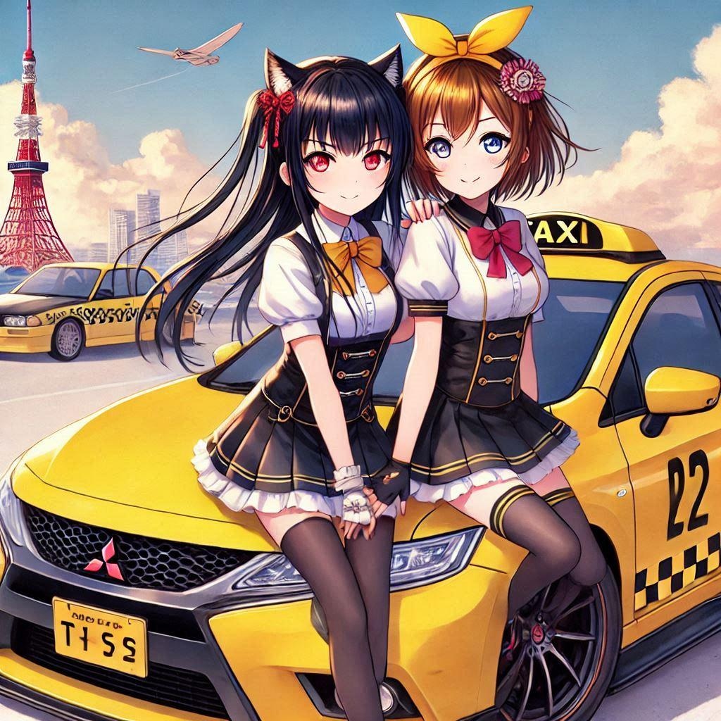 ラブライブキャラと三菱ランサーイエロータクシーのドリ車