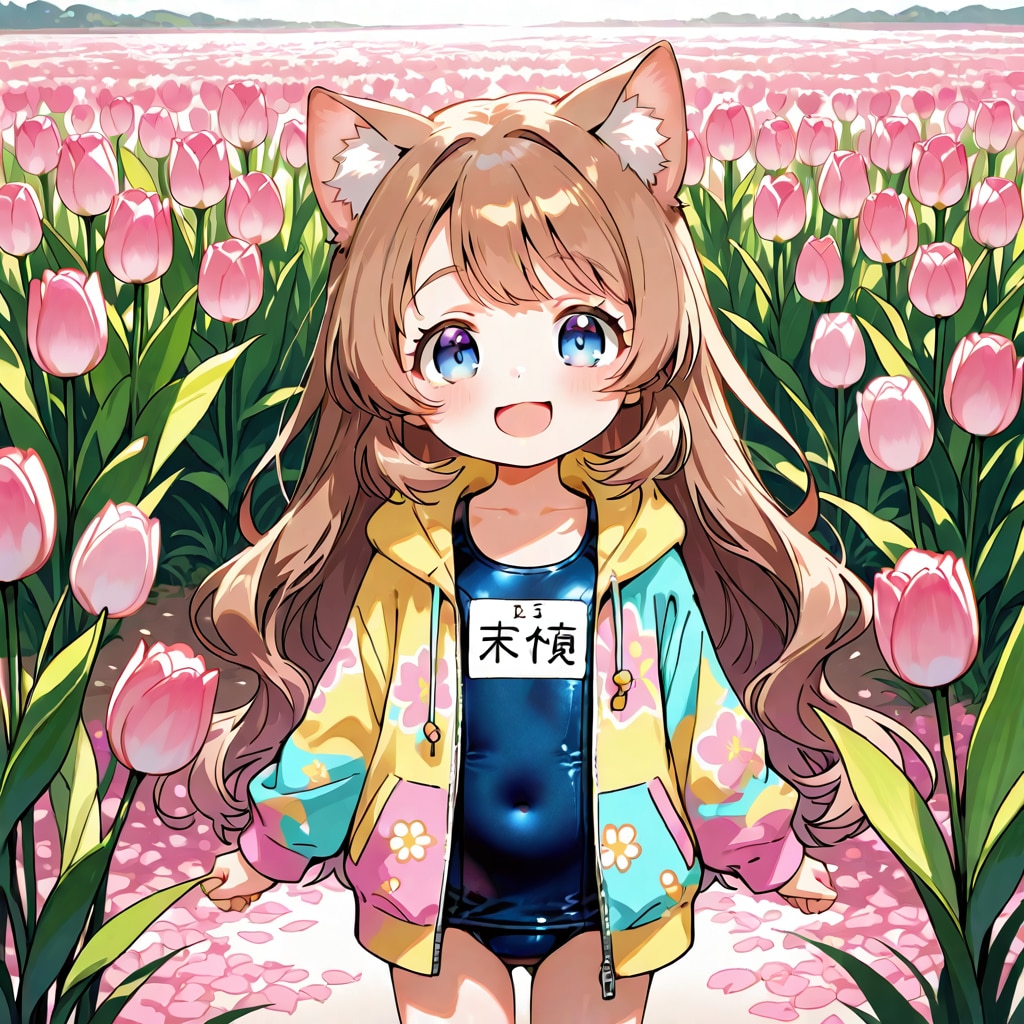 チューリップ畑でスク水な小さな女の子