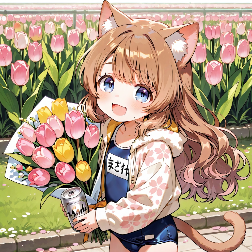 チューリップ畑でスク水な小さな女の子