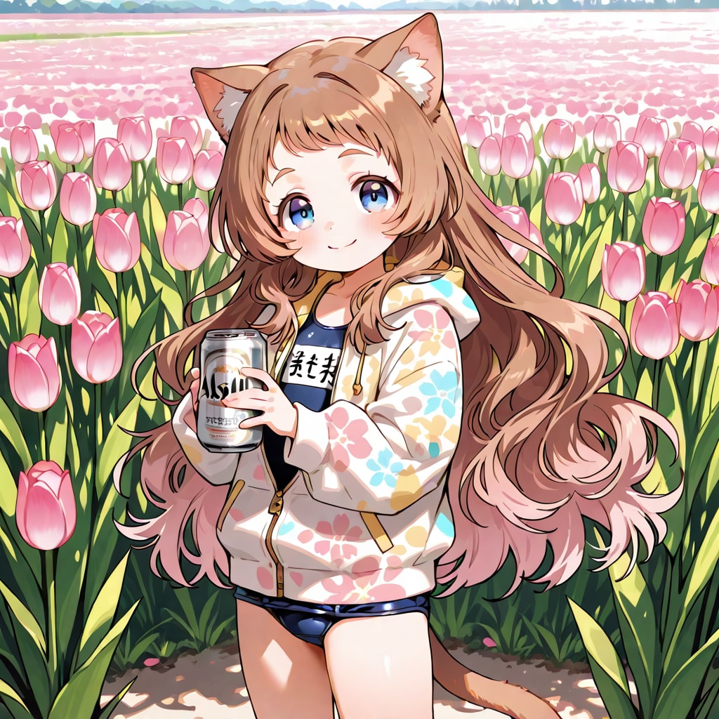 チューリップ畑でスク水な小さな女の子