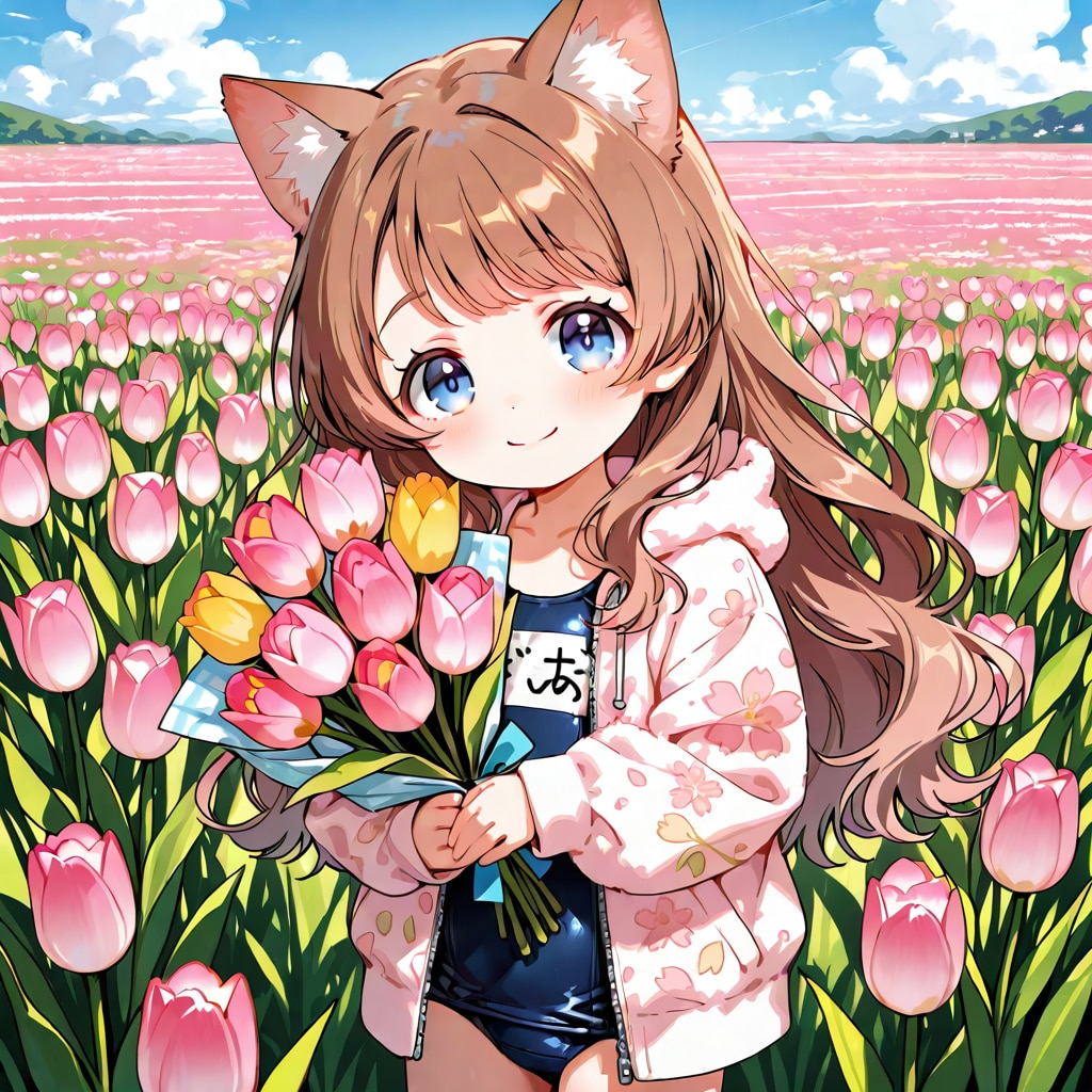 チューリップ畑でスク水な小さな女の子